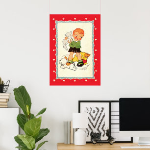 Vintager Junge Rette ein Kätzchen von Racing Welpe Poster