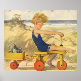 Vintager Junge spielt am Strand mit Sandspielzeug Poster