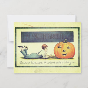 Vintager Junge spricht mit Jack-o-Lantern Hallowee Postkarte