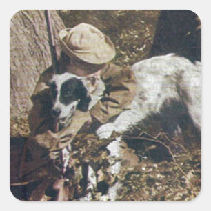 Vintager Junge und sein Jagdhund Quadratischer Aufkleber