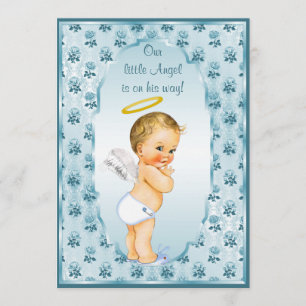 Vintager Jungen-Engels-blaue Rosen-Baby-Dusche Einladung