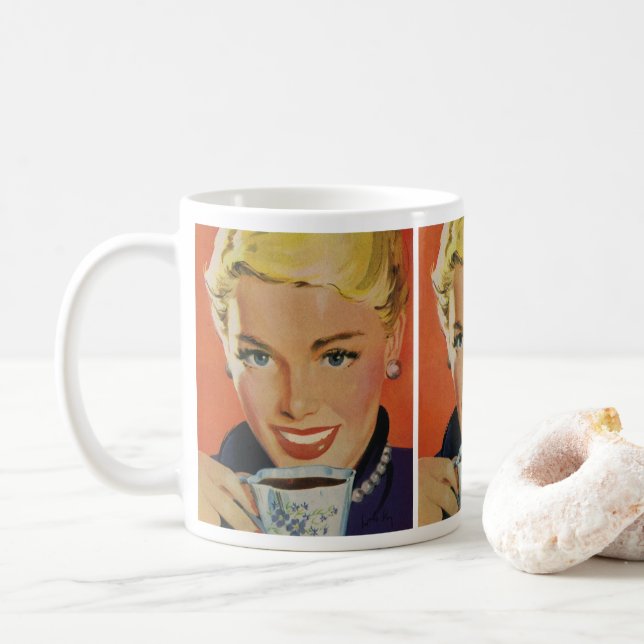 Vintager Kaffee, glückliche Frau mit Retro Coffee  Kaffeetasse (Mit Donut)