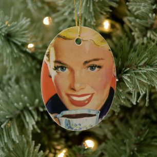 Vintager Kaffee, glückliche Frau mit Retro Coffee Keramik Ornament