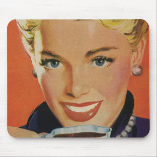 Vintager Kaffee, glückliche Frau mit Retro Coffee  Mousepad