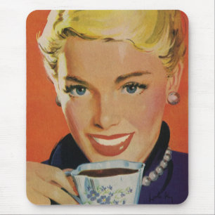 Vintager Kaffee, glückliche Frau mit Retro Coffee  Mousepad