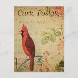 Vintager Kardinal Bird Pink Roses Floral Französis Postkarte