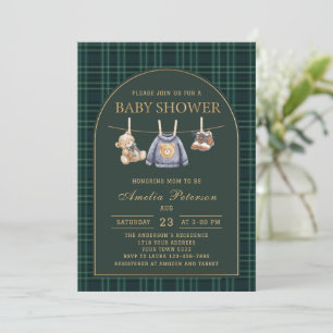 Vintager karierter Teddy Bär Polo Luxe Babydusche Einladung