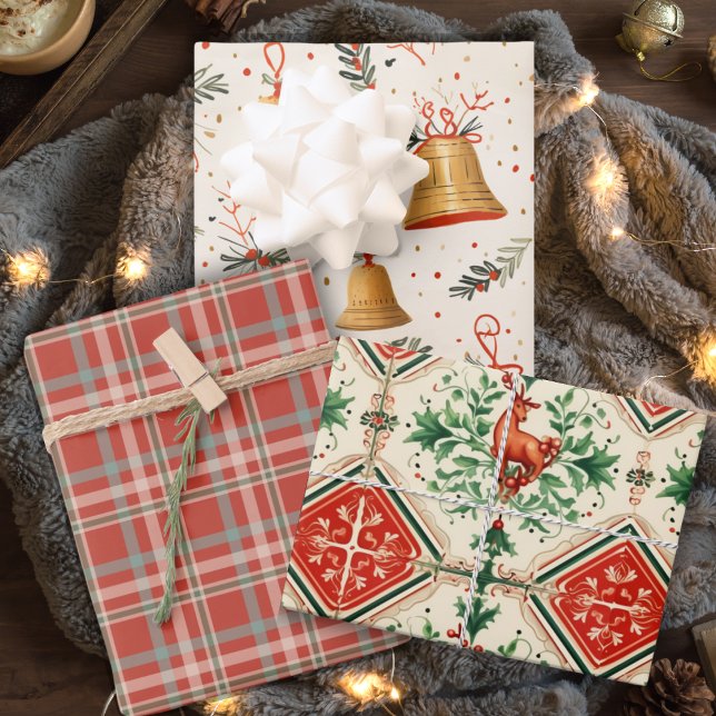 Vintager Karierter und Weihnachtsbrunnen Urlaub Geschenkpapier Set (Vintage Plaid And Christmas Bells Holiday Wrapping Paper Sheets)