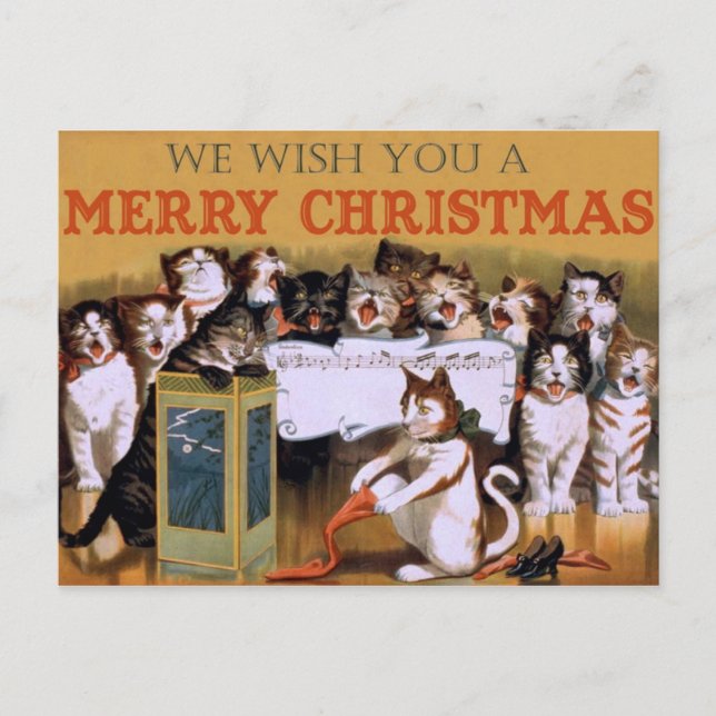 Vintager Katzen-Weihnachtsgruß Feiertagspostkarte (Vorderseite)