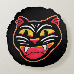 Vintager KatzenHalloween Art Cartoon Rundes Kissen