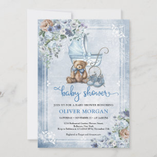 Vintager Kinderwagen und Teddybär und Blume Einladung