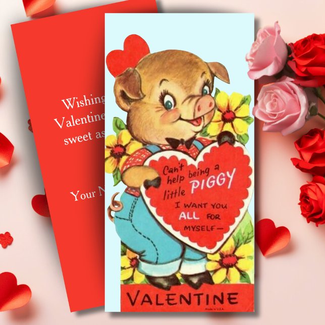 Vintager kleiner Piggy Retro Valentinstag Feiertagskarte (Vintage Little Piggy Custom Retro Valentine's Day Holiday Card. Add your name & a special message!)