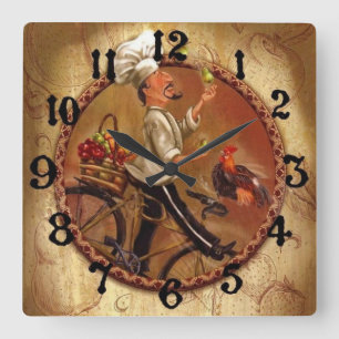 Vintager Koch mit Obstkorb Quadratische Wanduhr