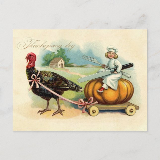 Vintager Koch Reiten auf dem Riesenpukkin-Erntedan Postkarte (Vorderseite)