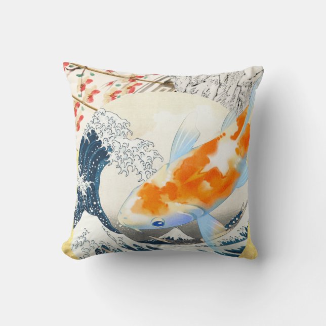 Vintager Koi-Teich japanischer Kultur Kissen (Vorderseite)
