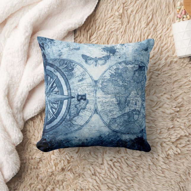 Vintager Kompass | Blue Grunge Seekarte Kissen (Decke)