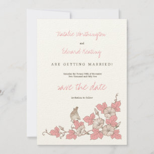 Vintager korallenroter Vogel u. Blumen, die Save Save The Date