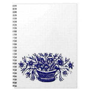 Vintager Korb von Blume Blue Woodcut Notebook Notizblock