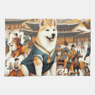Vintager koreanischer Jindo Hund Nahtlose Illustra Geschirrtuch