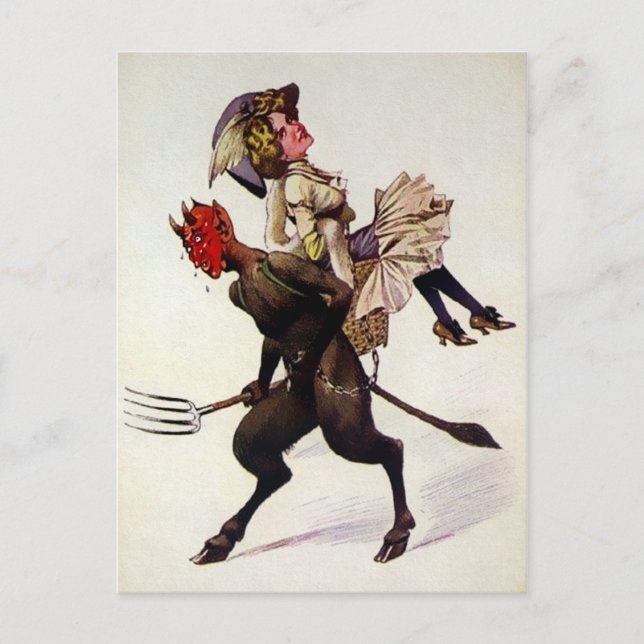 Vintager Krampus, der eine Frau trägt Postkarte (Vorderseite)