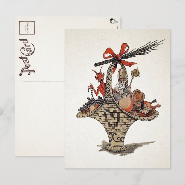 Vintager Krampus und Weihnachtskorb Postkarte (Vorne/Hinten)