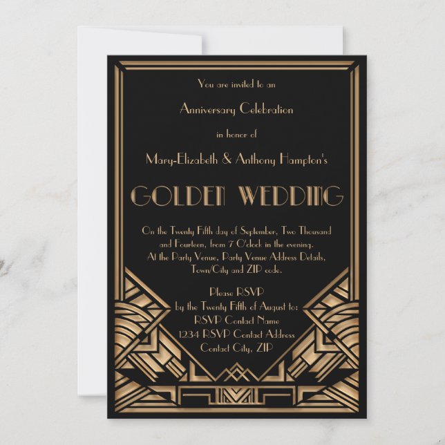 Vintager Kunst-Deko Gatsby goldene Einladung (Vorderseite)