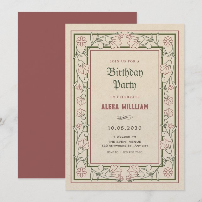 Vintager künstlerischer Blumenrahmen Einladung (Vorne/Hinten)