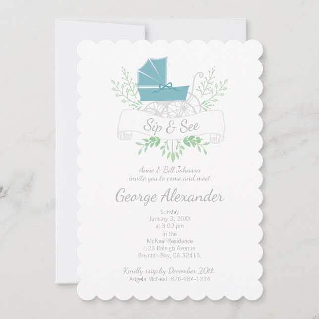 Vintager Kutschenjunge oder Mädchen SIP & SEE blau Einladung (Vorderseite)