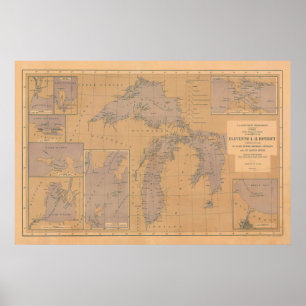 Vintager Lake Michigan, Huron & Superior Lighthous Poster