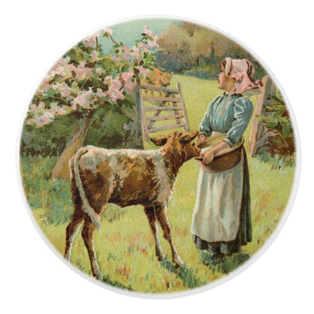 Vintager Landbauernmädchen Fütternd Kalb Keramikknauf (Vorderseite)