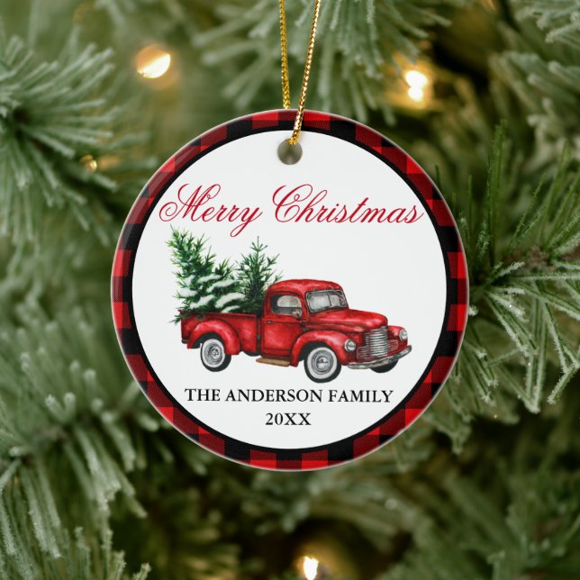 Vintager Lastkraftwagen Karierte Weihnachten Keramik Ornament (Baum)