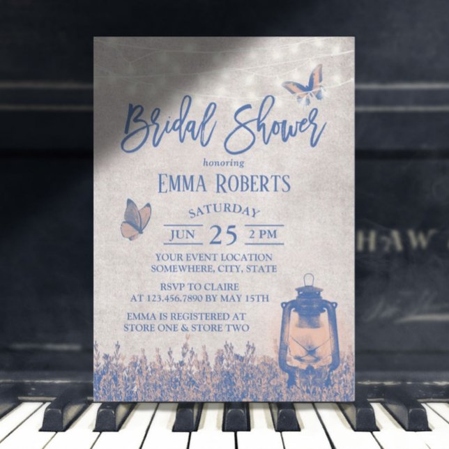 Vintager Laternenschmetterling und Blume Brautpart Einladung (Von Creator hochgeladen)