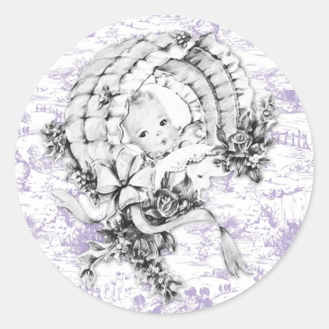 Vintager Lavendel Lila Toile Babyduschkleber Runder Aufkleber (Vorderseite)