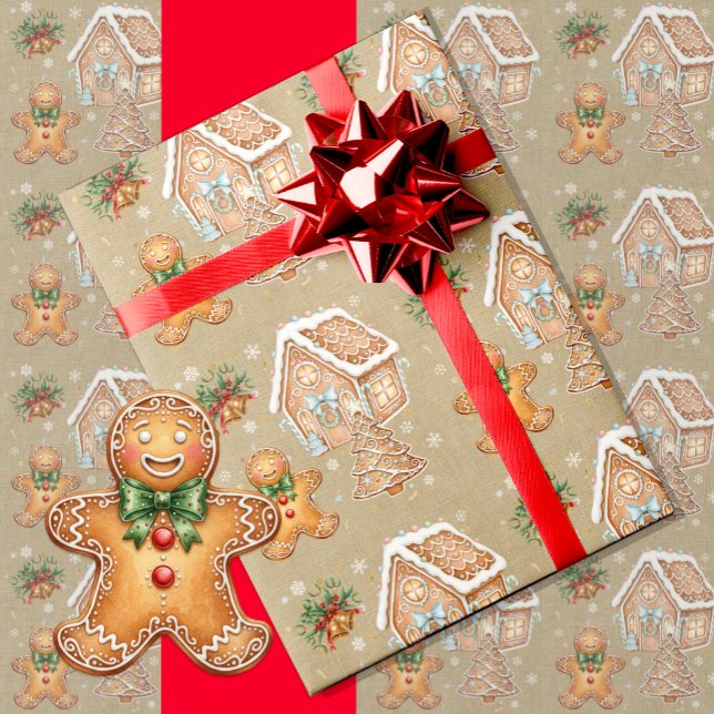 Vintager Lebkuchenmann, Haus, Baum, Weihnachten Geschenkpapier (Vintage Gingerbread Man Christmas Wrapping Paper)