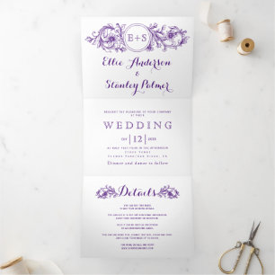 Vintager lila Blumenrahmen mit Initialen Hochzeit Dreifach Gefaltete Einladung