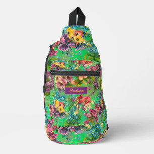 Vintager lila-florgrün-Muster-Monografie Crossbody Bag