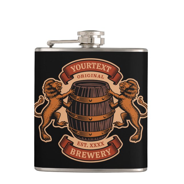 Vintager Lion Oak Barrel Personalisiert Brauerei B Flachmann (Vorderseite)