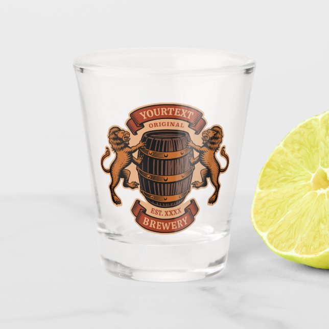 Vintager Lion Oak Barrel Personalisiert Brauerei B Schnapsglas (Vorderseite)
