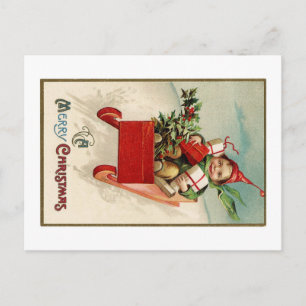 Vintager Lithograph von Young Boy in Sled with Gif Postkarte