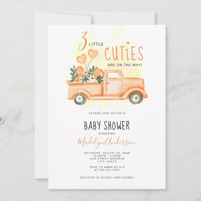 Vintager LKW 3 Kleine Süssen Triplets Kinderdusche Einladung (Vorderseite)