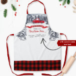 Vintager LKW, frisch geschnittene Bäume, Rotes Buf Schürze<br><div class="desc">Herrliche Schürze mit eigenem Familiennamen, Namen oder Firmennamen und exquisiter handgemalter Wasserfarbe Winterlandschaft von Bergen, Wald, altmodischer Vintager LKW mit Weihnachtsbäumen, Rotnamenbanner und der Phrase "Fresh cut Christmas Trees" in Rot und Schwarz Kalligraphie und Blocktypografie. Dekorative Rahmen unten in Buffalo kariert mit rotem und schwarzem Schachbrettmuster. Ein einzigartiges Geschenk, das...</div>