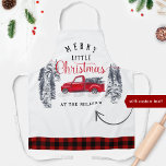 Vintager LKW Frohe Weihnachten Rotes Buffalo Karie Schürze<br><div class="desc">Herrliche, individuelle Holiday Schürze mit eigenem Familiennamen oder eigener Botschaft und exquisit handgemalt Aquarell Winterlandschaft von Wald, alte Mode Vintager LKW mit Weihnachtsbäumen und der Phrase "Frohe kleine Weihnachten" in rot-schwarz Kalligraphie und Blocktypografie. Dekorative Rahmen unten in Buffalo kariert mit rotem und schwarzem Schachbrettmuster. Ein einzigartiges Geschenk, das Sie schätzen...</div>