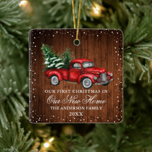 Vintager LKW-Holzschnee Neue Zuhause Keramikornament