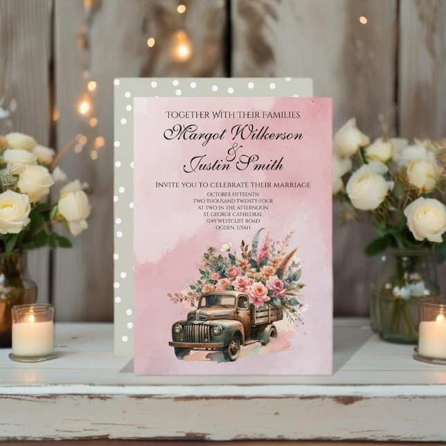 Vintager LKW mit Blume Hochzeit Einladung (A Vintage watercolor wedding evokes a dreamy, romantic, atmosphere filled with soft colors.)