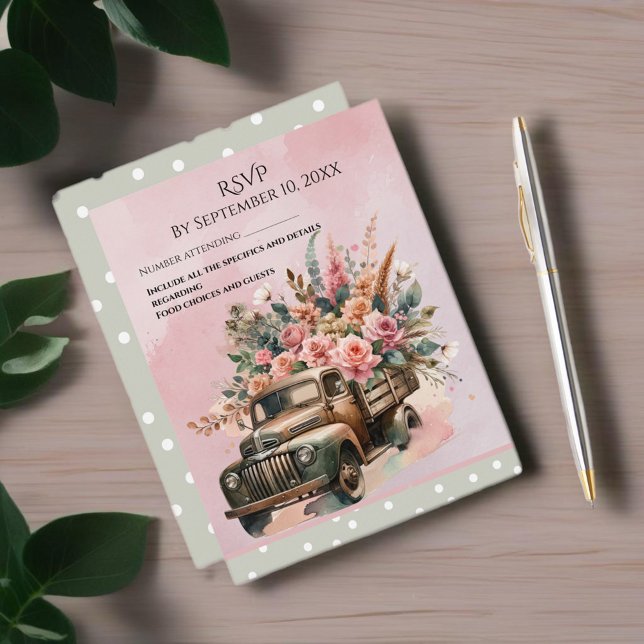Vintager LKW mit Blume Hochzeit RSVP Karte (A Vintage watercolor wedding evokes a dreamy, romantic, atmosphere filled with soft colors.)