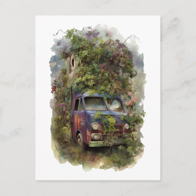 Vintager LKW mit Blume Postkarte (Vorderseite)