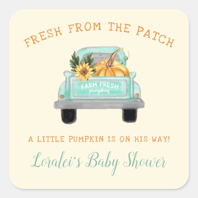 Vintager LKW mit Pumpkin Autumn Babydusche Quadratischer Aufkleber (Vorderseite)