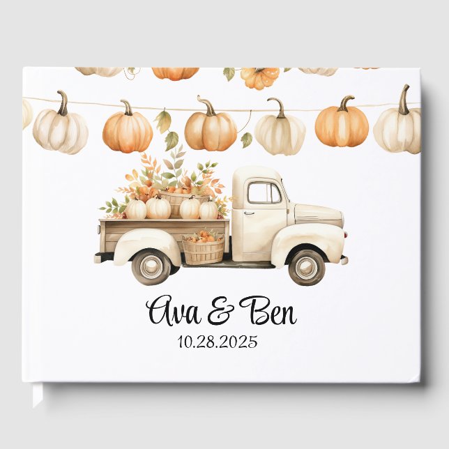 Vintager LKW mit Pumpkins Hochzeit Gästebuch (Vorderseite)