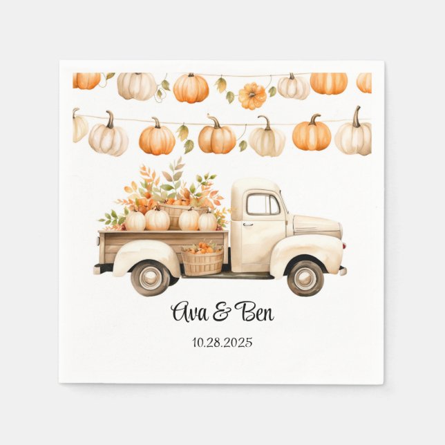 Vintager LKW mit Pumpkins Hochzeit Serviette (Vorderseite)
