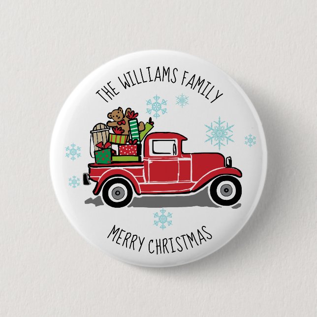 Vintager LKW mit Spielzeug Frohe Weihnachtsbezeich Button (Vorderseite)